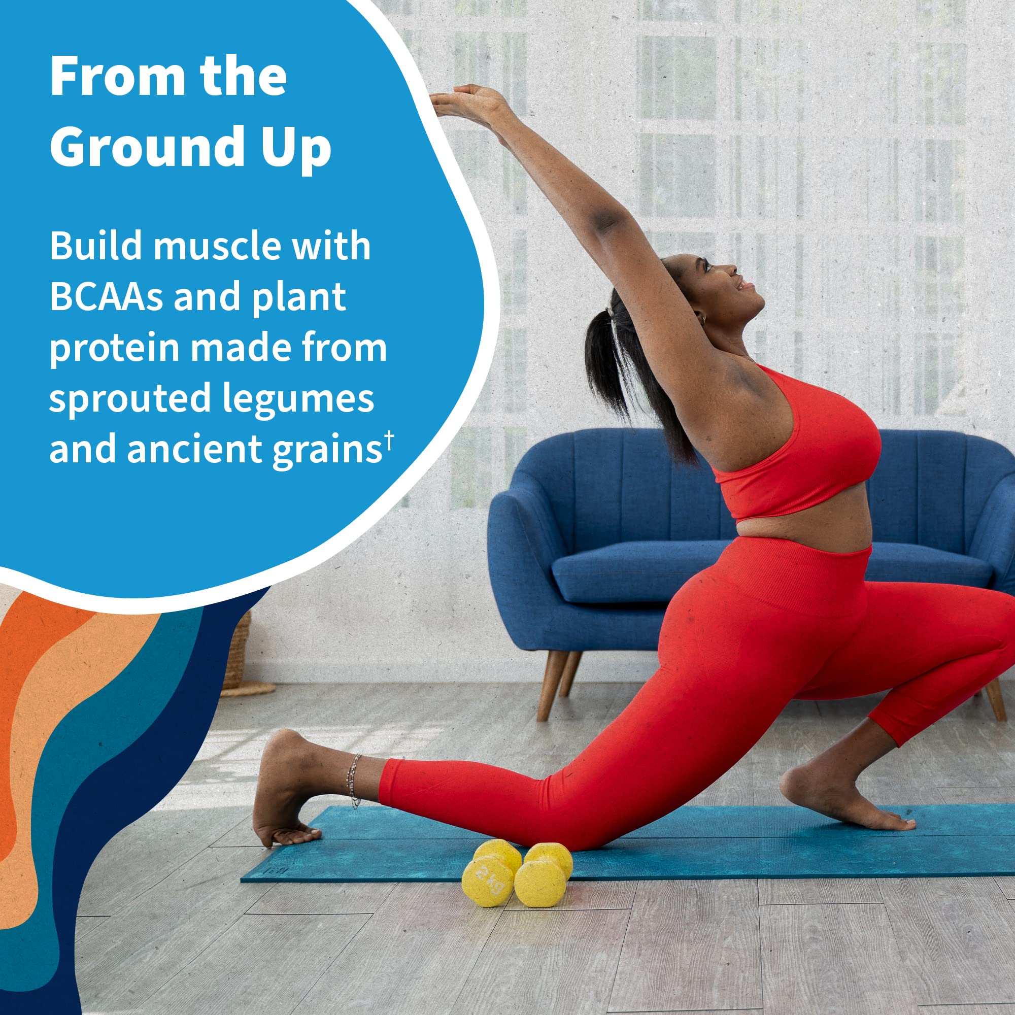 Garden of Life vegan vanilla protein powder ad showing woman in red workout outfit stretching on mat