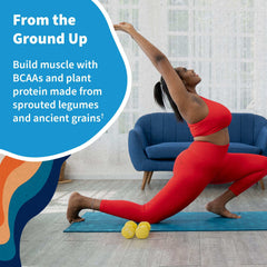 Garden of Life vegan vanilla protein powder ad showing woman in red workout outfit stretching on mat