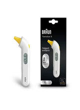 Digital ear thermometer beside retail package with yellow probe cap