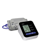 Upper arm blood pressure monitor with fabric cuff and LCD screen