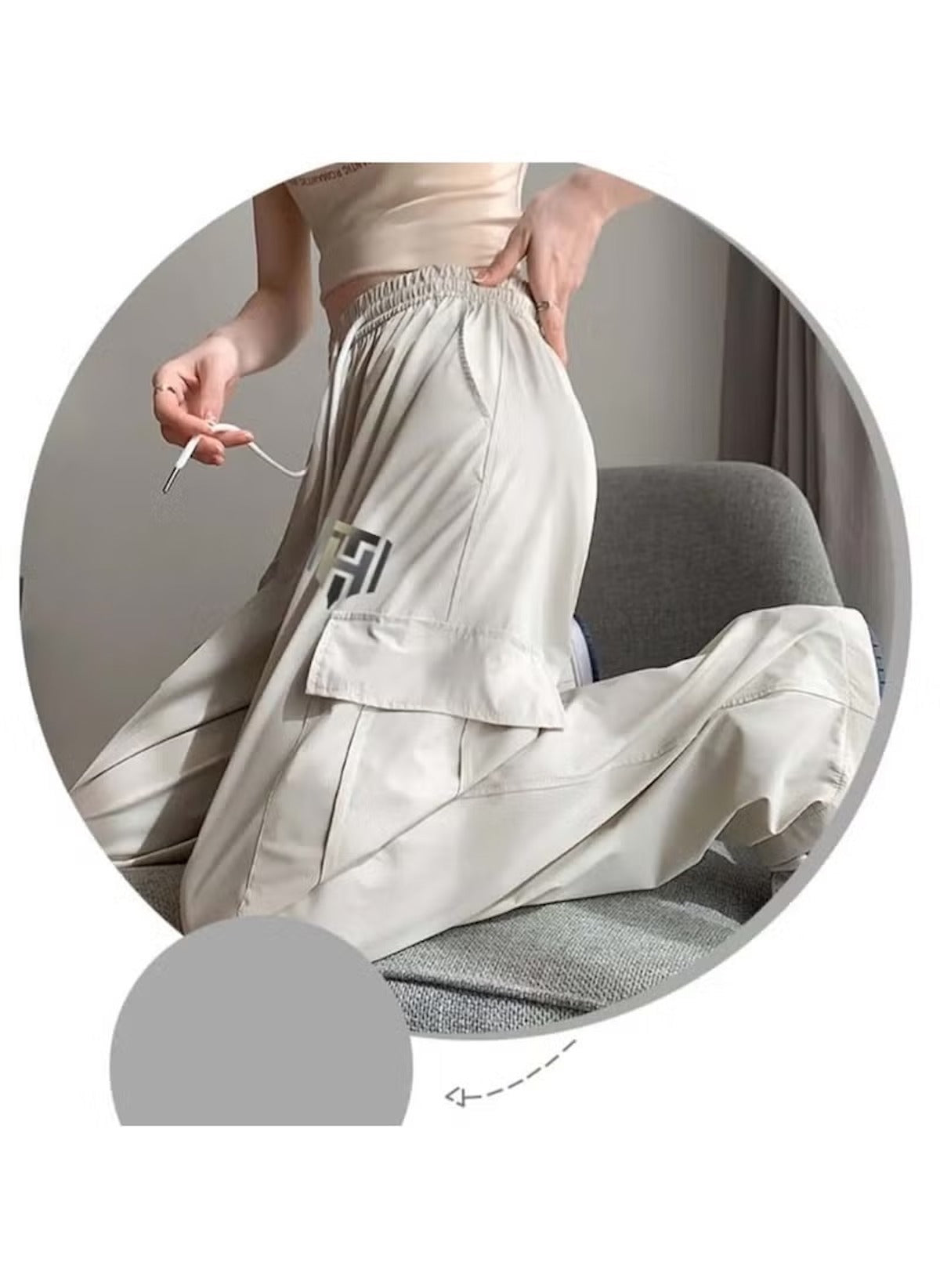 Huitich breathable flowy pants for women in light beige with elastic waistband and side pockets