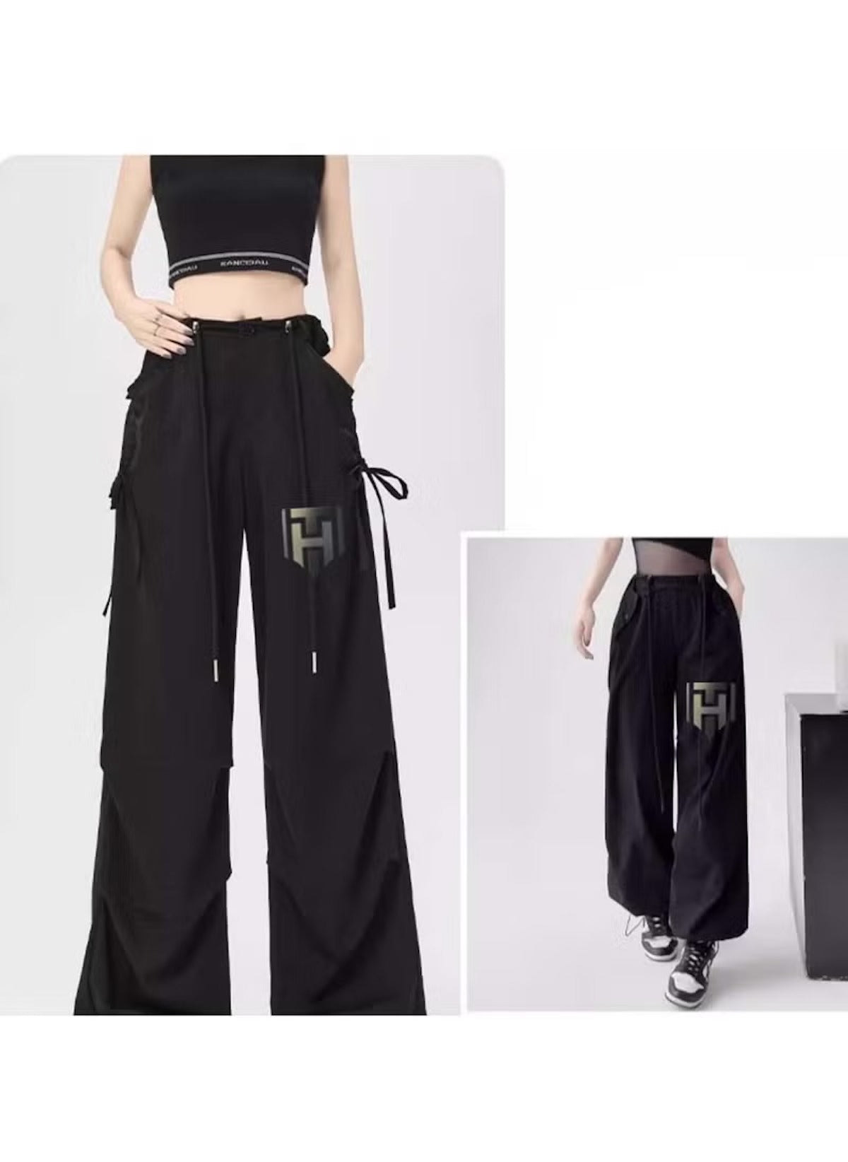 Huitich breathable flowy pants for women in black with wide legs and adjustable waist ties