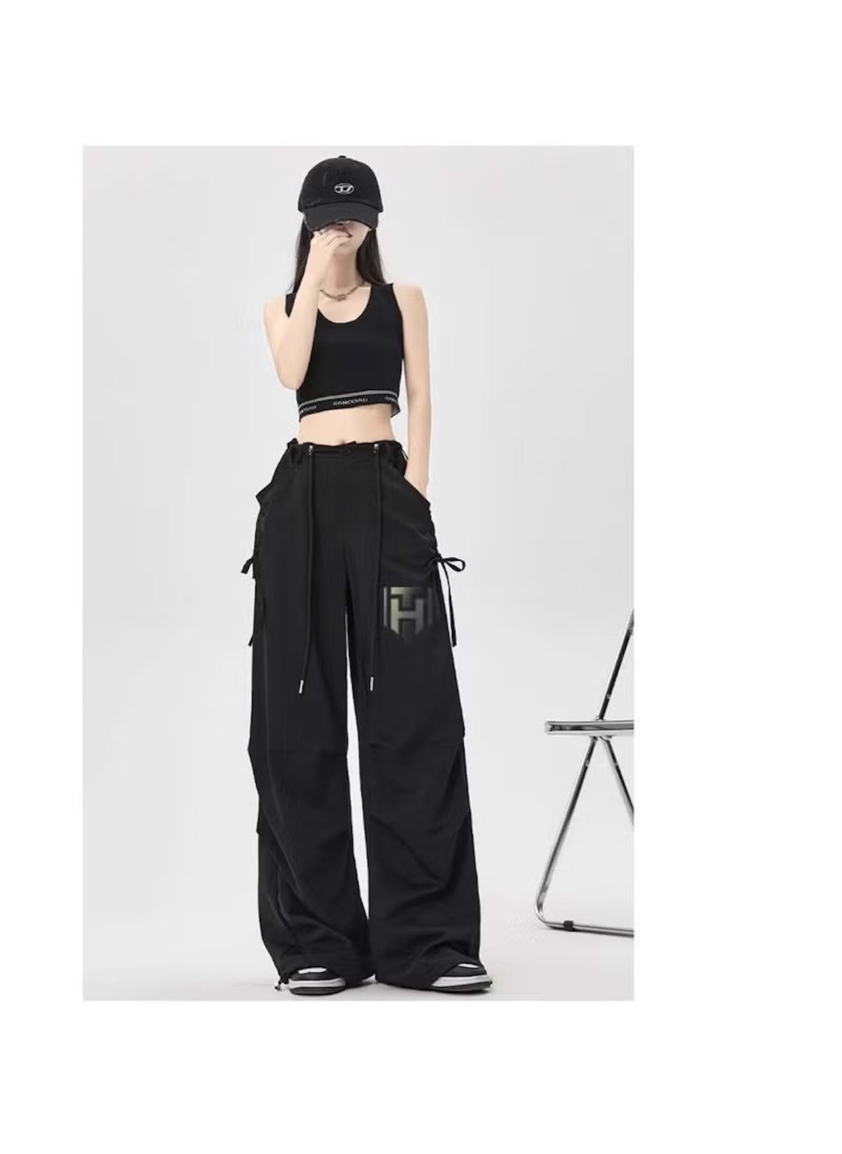 Huitich breathable flowy pants for women in black with wide legs and drawstring waist styling