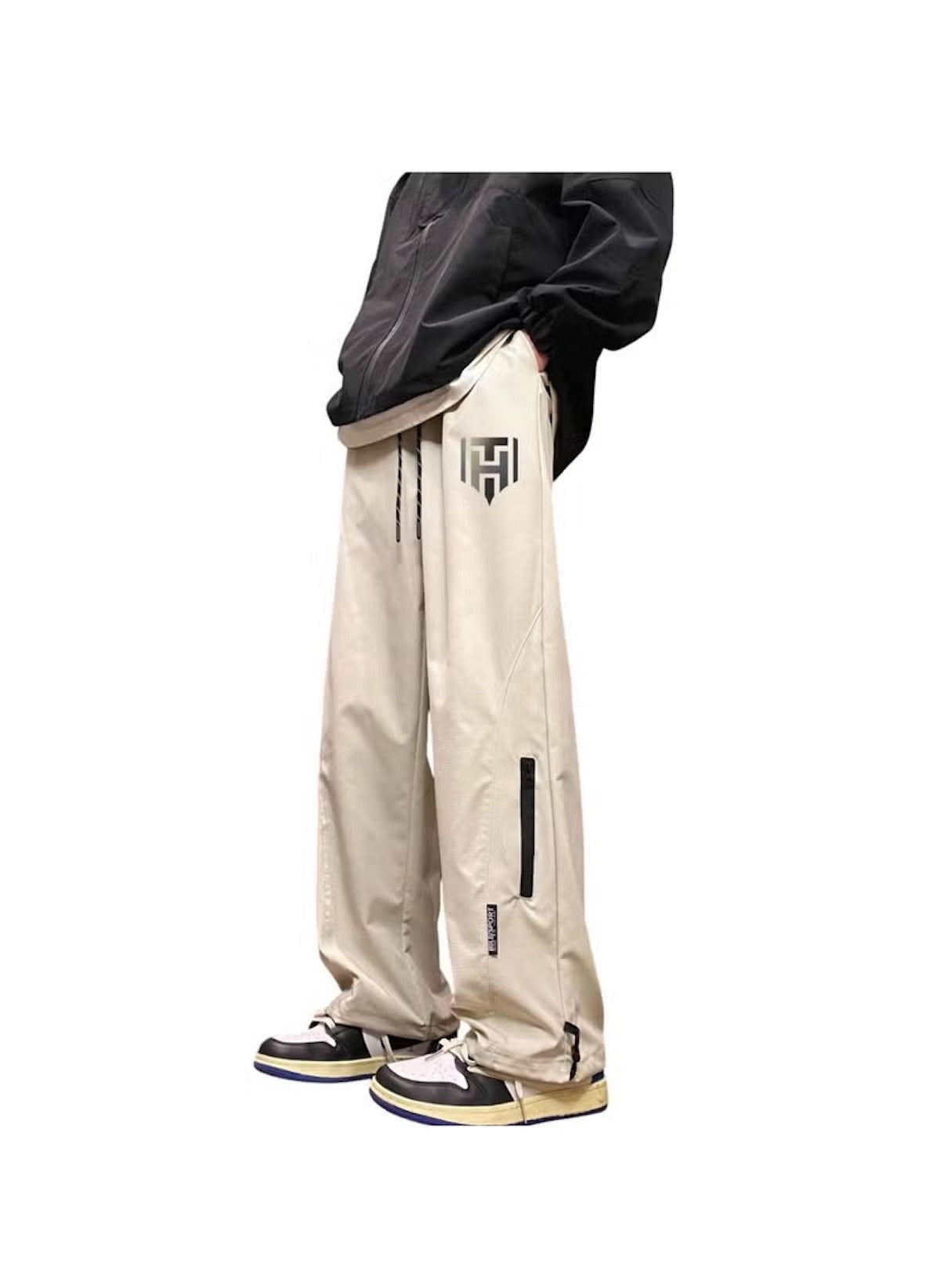 Huitich beige breathable outdoor pants for men with black zipper pocket and logo detail