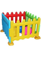 Colorful interlocking play fence with multi-color panels and rounded top rails