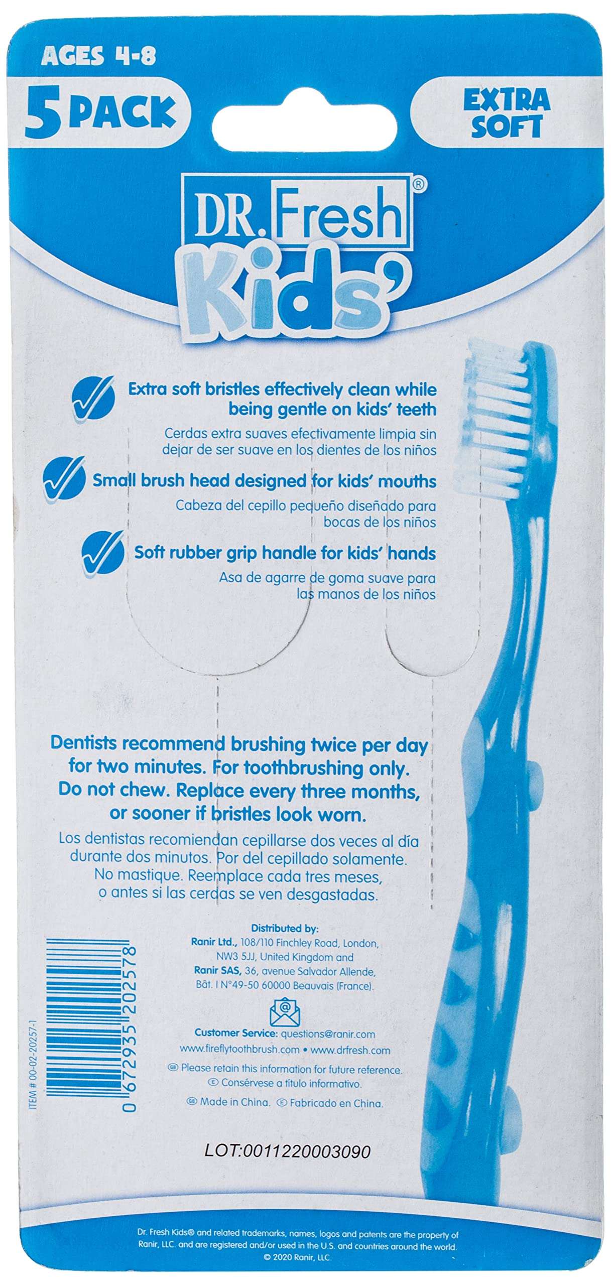 Dr Fresh kids toothbrush set 5 pack ages 4 to 8 extra soft blue handles small brush heads