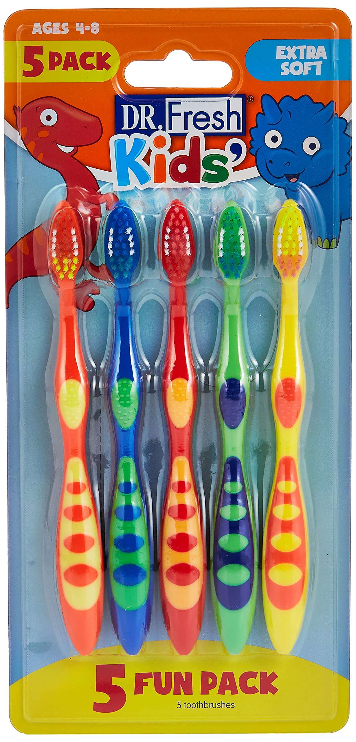 Dr Fresh kids toothbrush set 5 pack colorful extra soft toothbrushes for ages 4 to 8