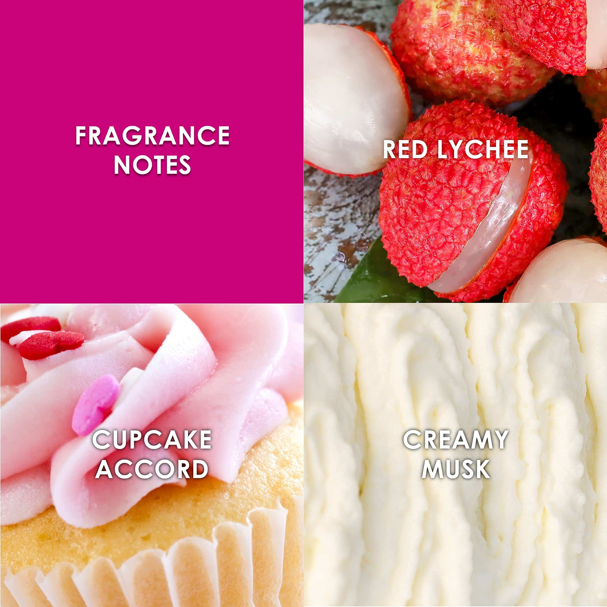 Fragrance notes of red lychee, cupcake accord, and creamy musk for the best floral fruity perfume for women