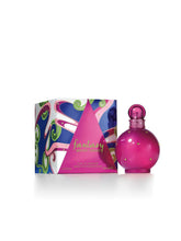 Pink perfume bottle with faceted cap and colorful Fantasy perfume box