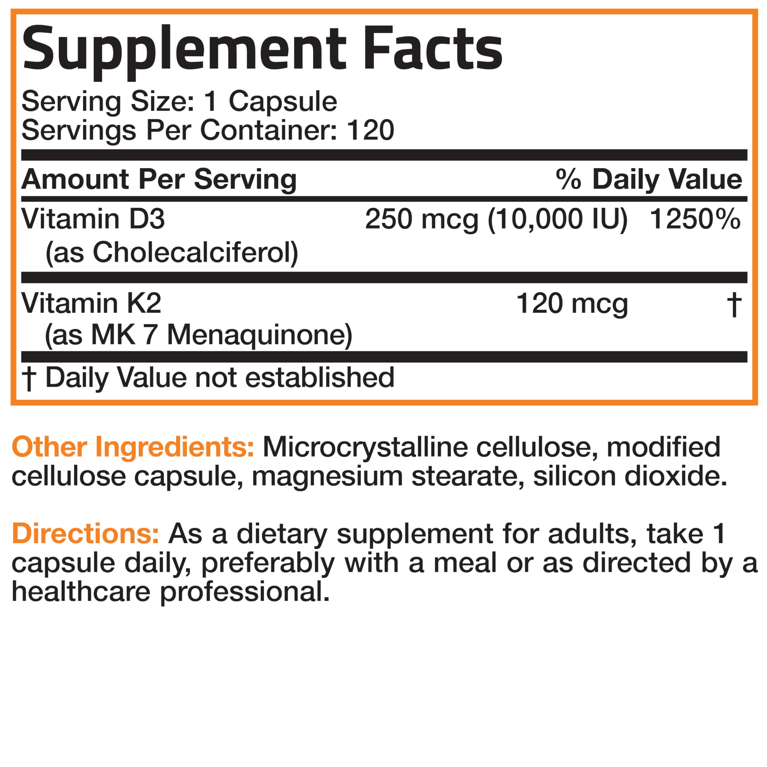 Bronson supplement facts label showing Vitamin D3 250 mcg and Vitamin K2 120 mcg as MK7 Vitamin K2 MK7 with D3 supplement UAE