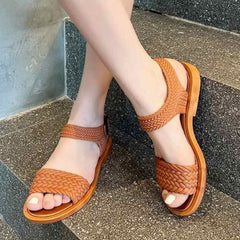 Huitich brown braided sandals for women with flat sole and adjustable ankle strap