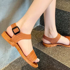 Huitich brown braided sandals for women with adjustable black buckle on textured sole