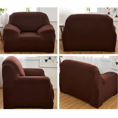 Huitich brown elastic sofa cover fitted on a single-seater sofa shown from front, back, and side views