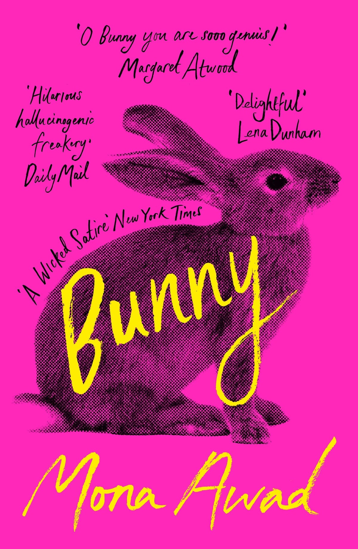 Bunny Mona Awad novel book cover with a black and pink rabbit illustration and yellow text