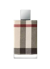 Women Burberry London EDP 100 ml bottle with silver cap, tan black check wrap.