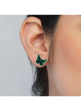 Green enamel butterfly stud earring on a gold backing
