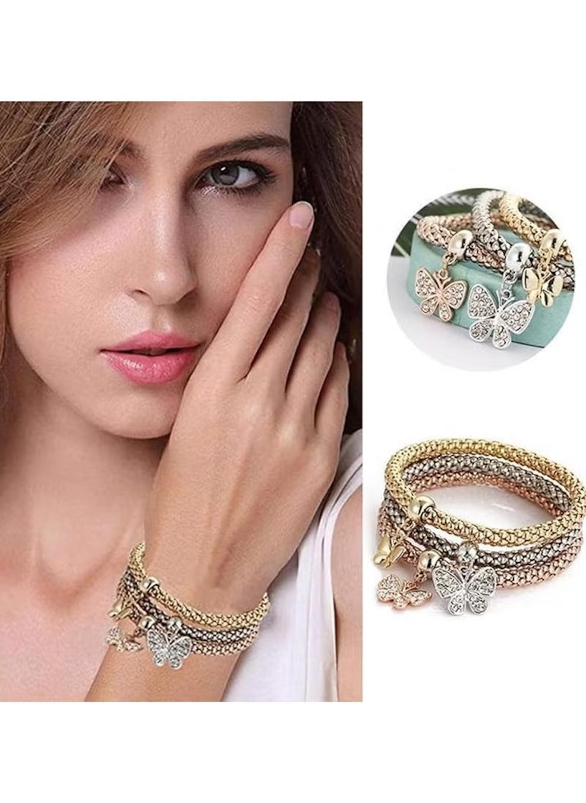 Huitich butterfly charm bracelet set with gold and silver tones worn on model wrist and displayed separately