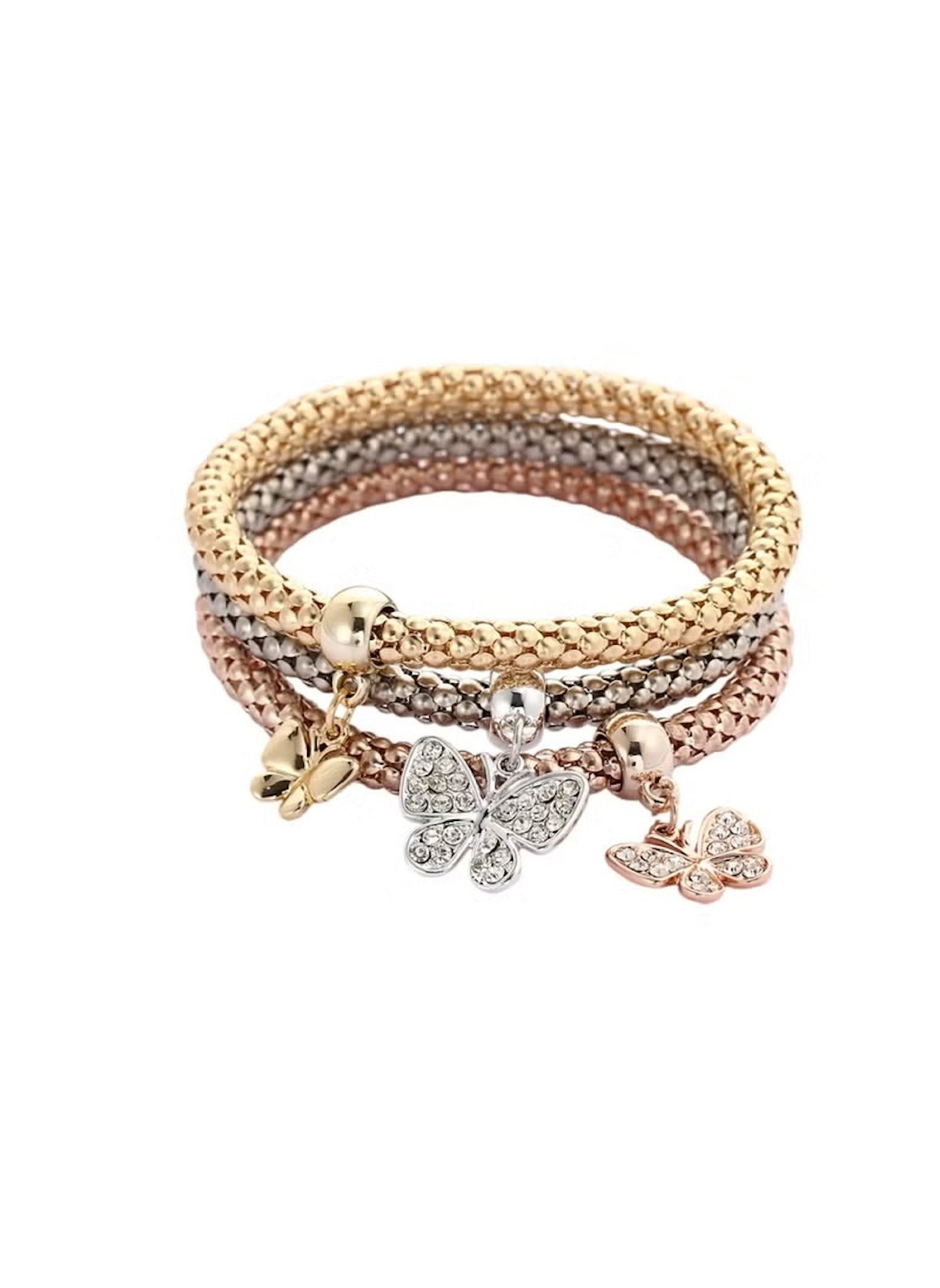 Huitich butterfly charm bracelet set with gold silver and rose gold braided bands and butterfly pendants