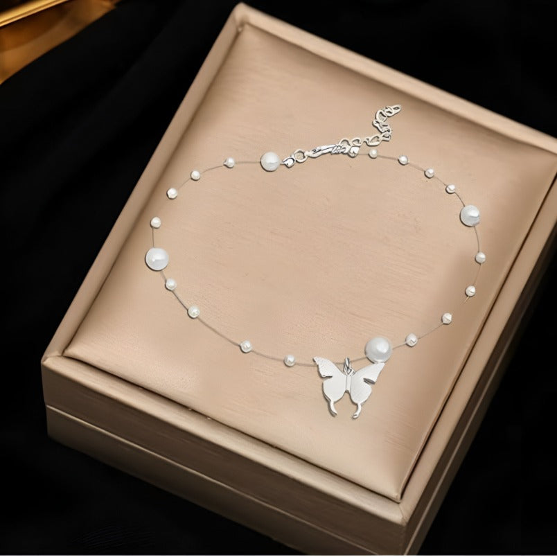 Huitich butterfly pearl necklace with silver butterfly pendant and delicate pearl beads on chain