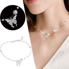 Huitich butterfly pearl necklace with delicate butterfly pendant and small pearls on silver chain