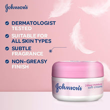 Johnson's Soft Cream face & body jar, pink lid on product box with feature icons