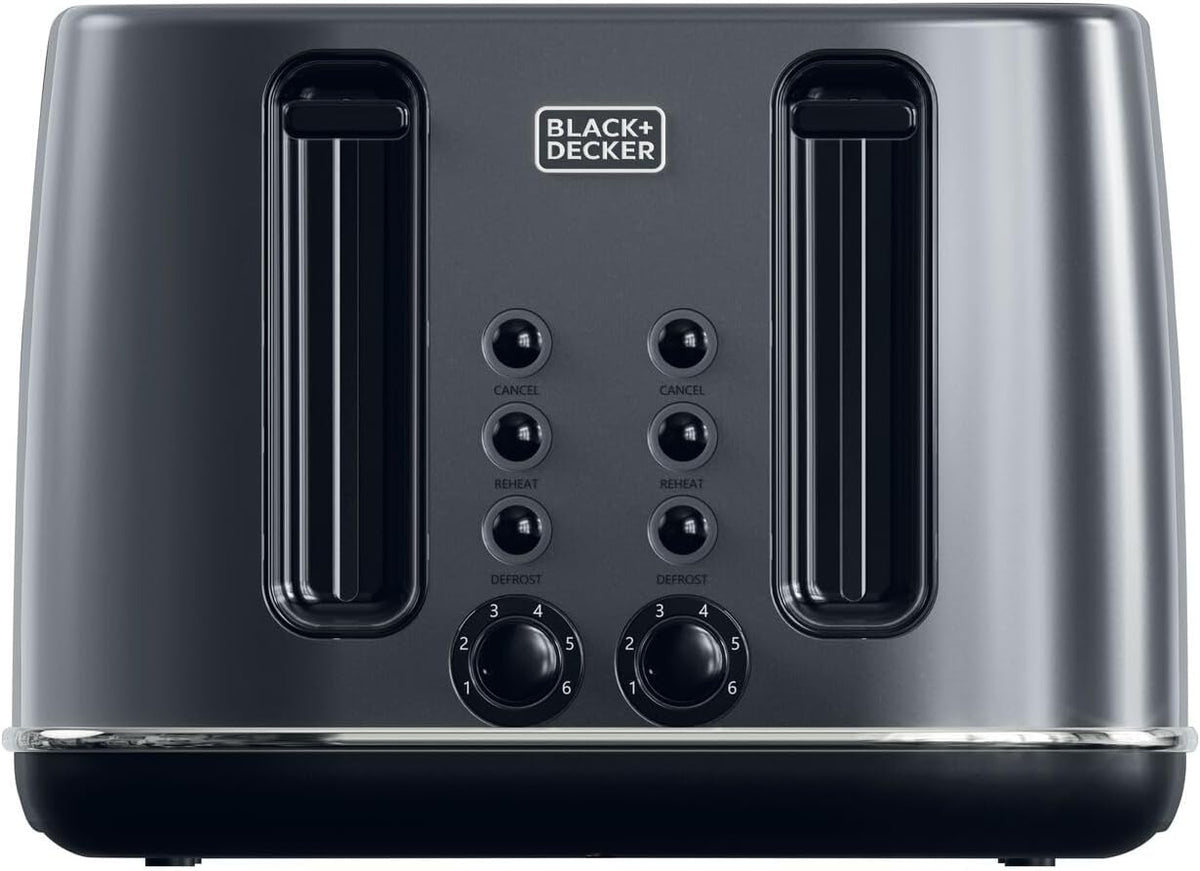 BLACK+DECKER Premium 4 Slice Stainless Steel Toaster – 2300W Dual Sided Heating with 6 Level Independent Browning Control, Defrost & Reheat LED Buttons, 4-Slot Design, 36mm Wide Slots | SSET425-B5