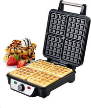 4-slice electric Belgian waffle maker open with nonstick grid plates and golden waffles