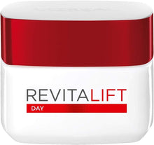 Revitalift day moisturizing cream jar, white base with red lid and label.