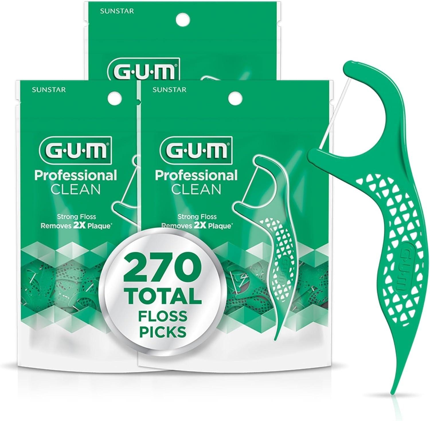GUM Professional Clean floss pick pack with mint green disposable interdental picks and 270 total
