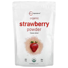Organic strawberry powder pouch with front label and strawberry illustration