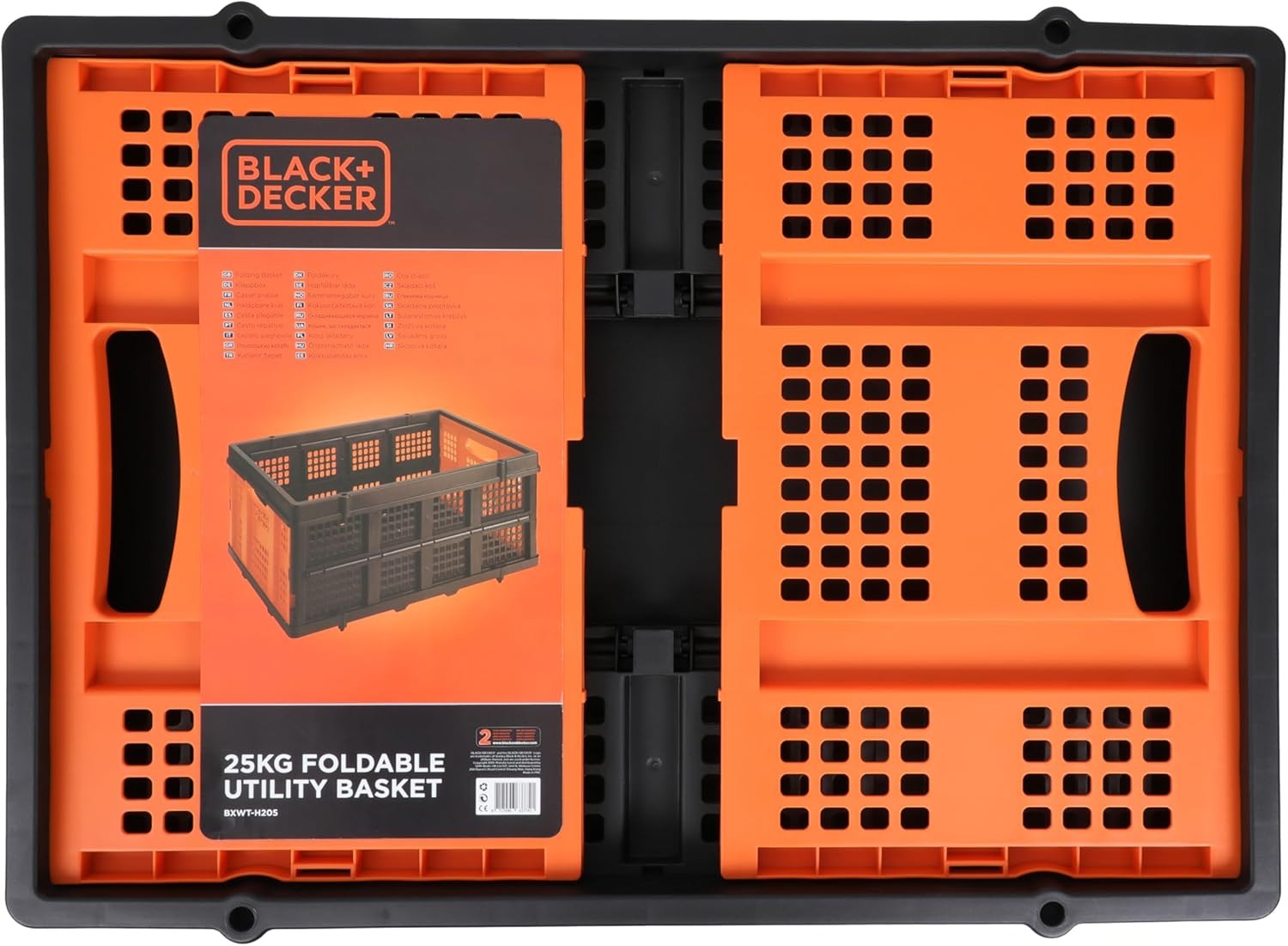 Black+Decker 25kg foldable utility basket in packaging, orange and dark gray