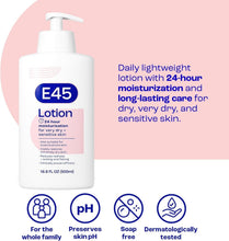 E45 moisturizing body lotion bottle with pump, 500 ml, pH and dermatologically tested icons.