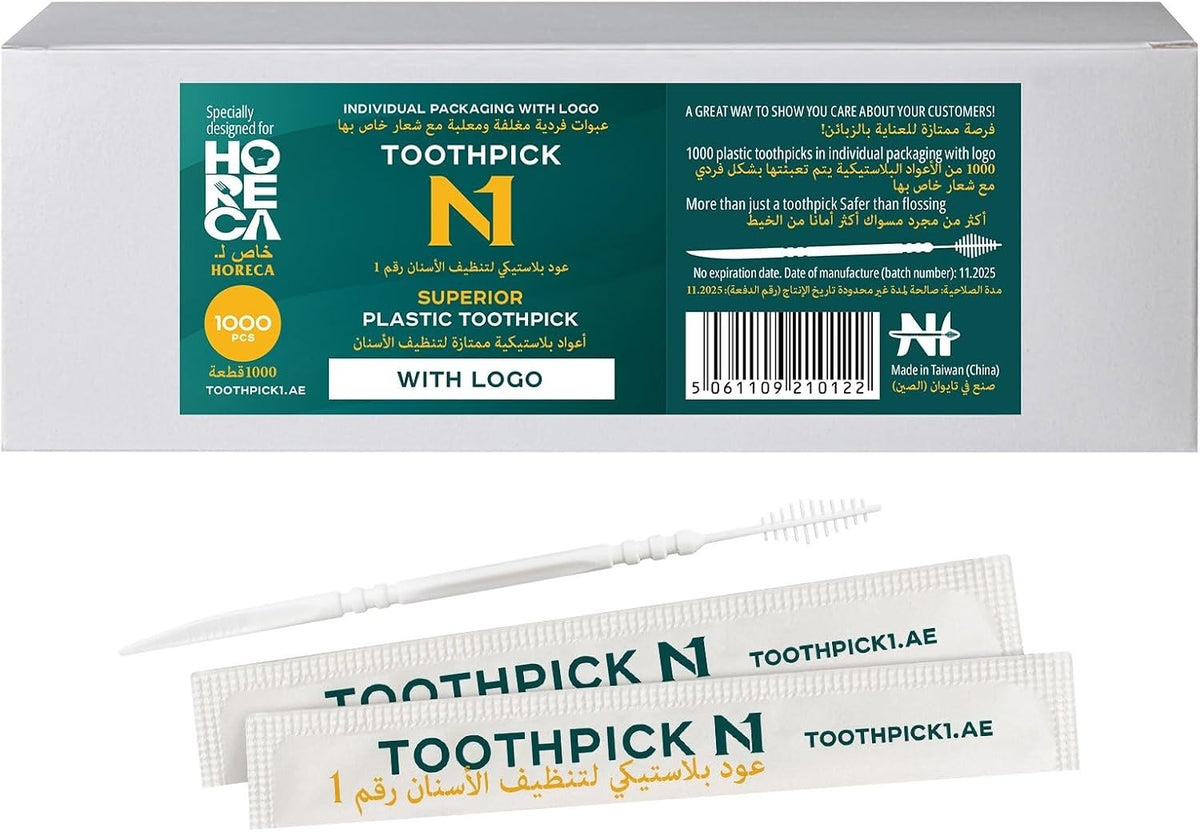 1000 Individually Wrapped Toothpicks – Hygienic Bulk Pack for Restaurants, Cafes & HORECA, Plastic Dental Picks with Logo Wrap
