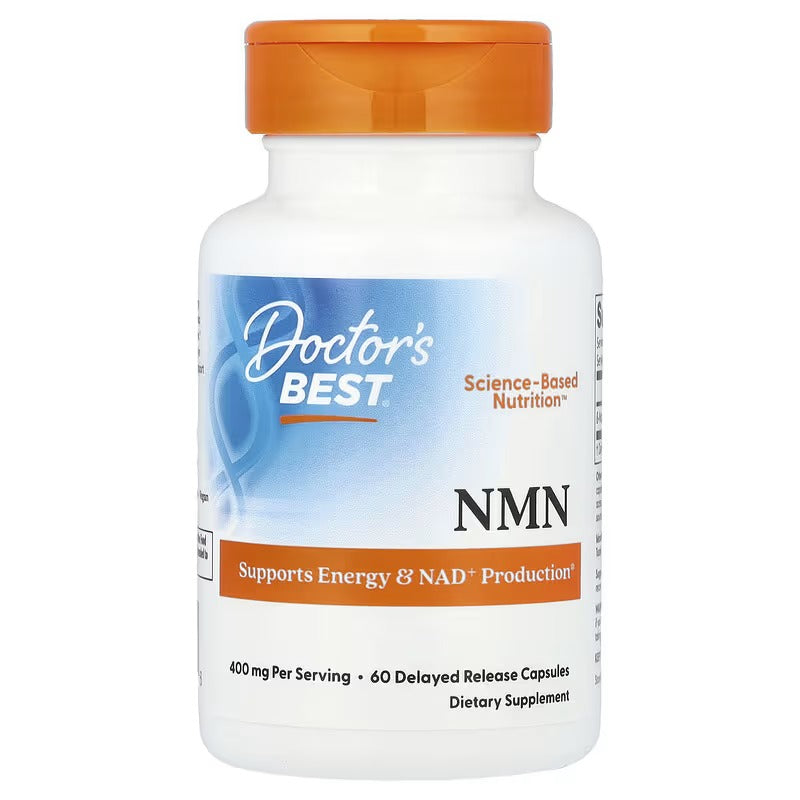 Doctor's Best NMN delayed release supplement bottle with orange cap and front label
