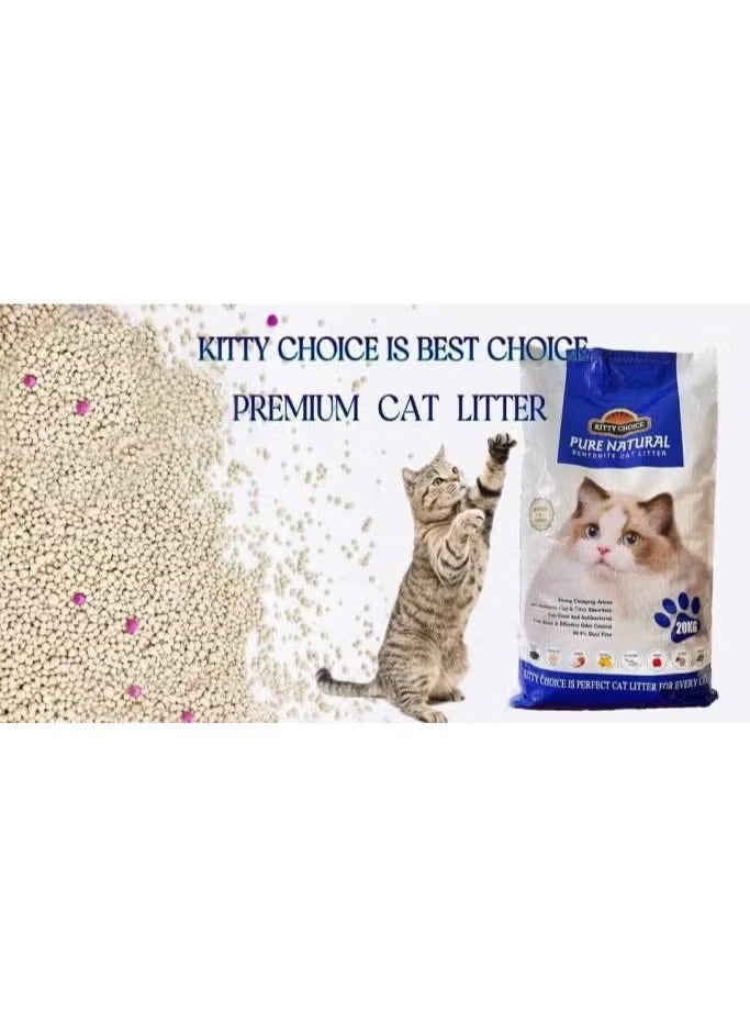 Bentonite cat litter granules with 20 kg bag, paw print label and cat photos