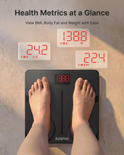 RENPHO smart BMI scale showing weight readings with feet on black glass