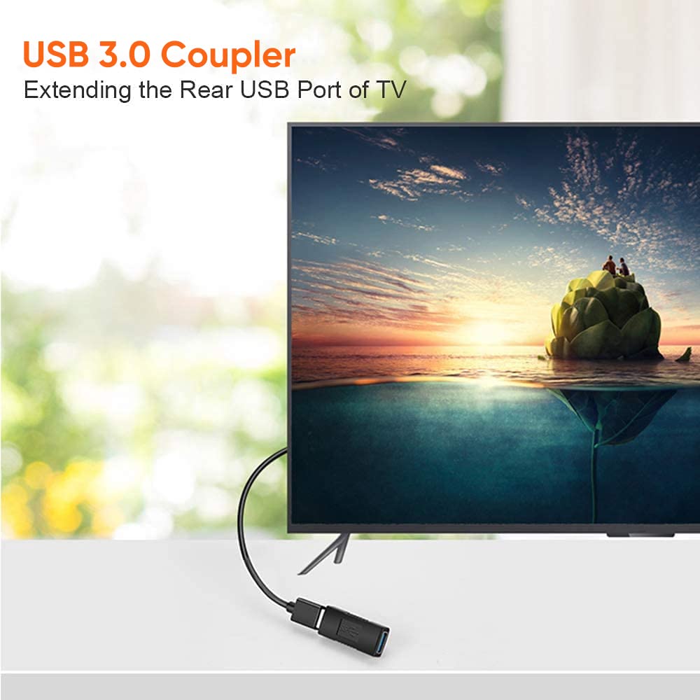 USB extension coupler 2 pack extending the rear USB port of a TV with USB 3.0 connection