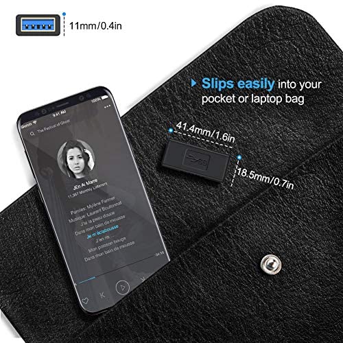 USB extension coupler 2 pack shown with measurements slipping easily into pocket or laptop bag