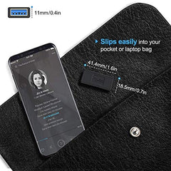 USB extension coupler 2 pack shown with measurements slipping easily into pocket or laptop bag