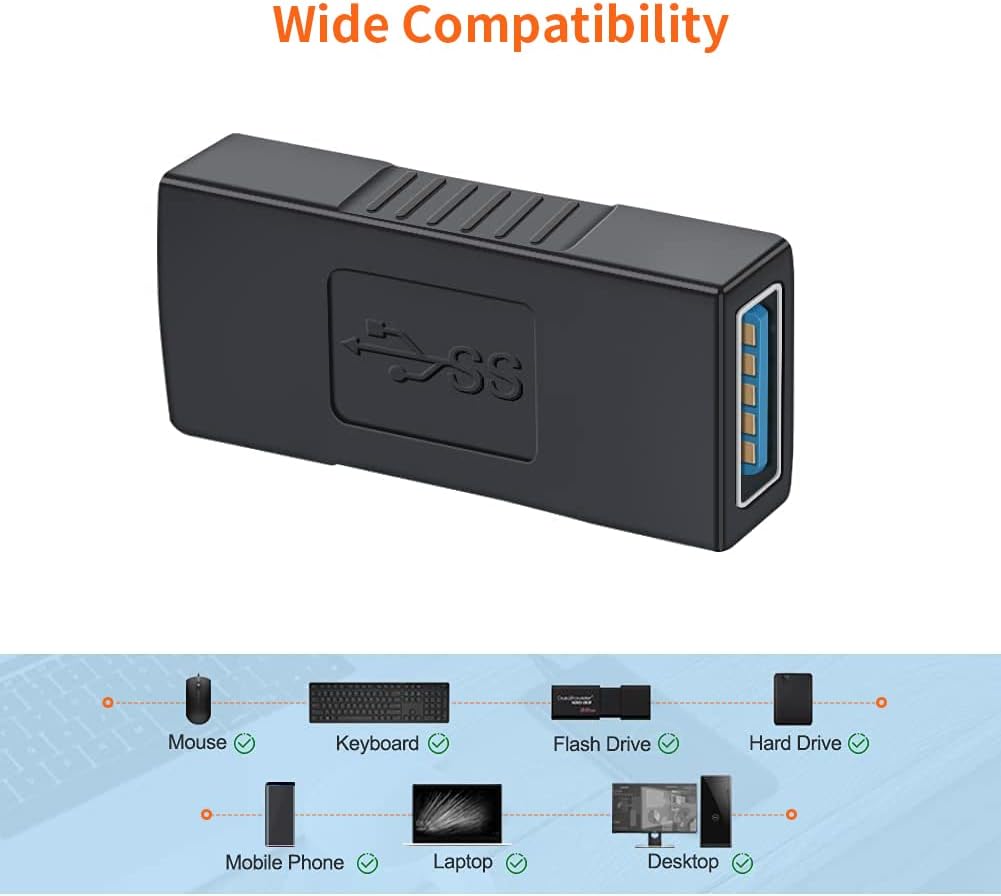 USB extension coupler 2 pack from CableCreation Store showing wide compatibility with mouse keyboard flash drive and more