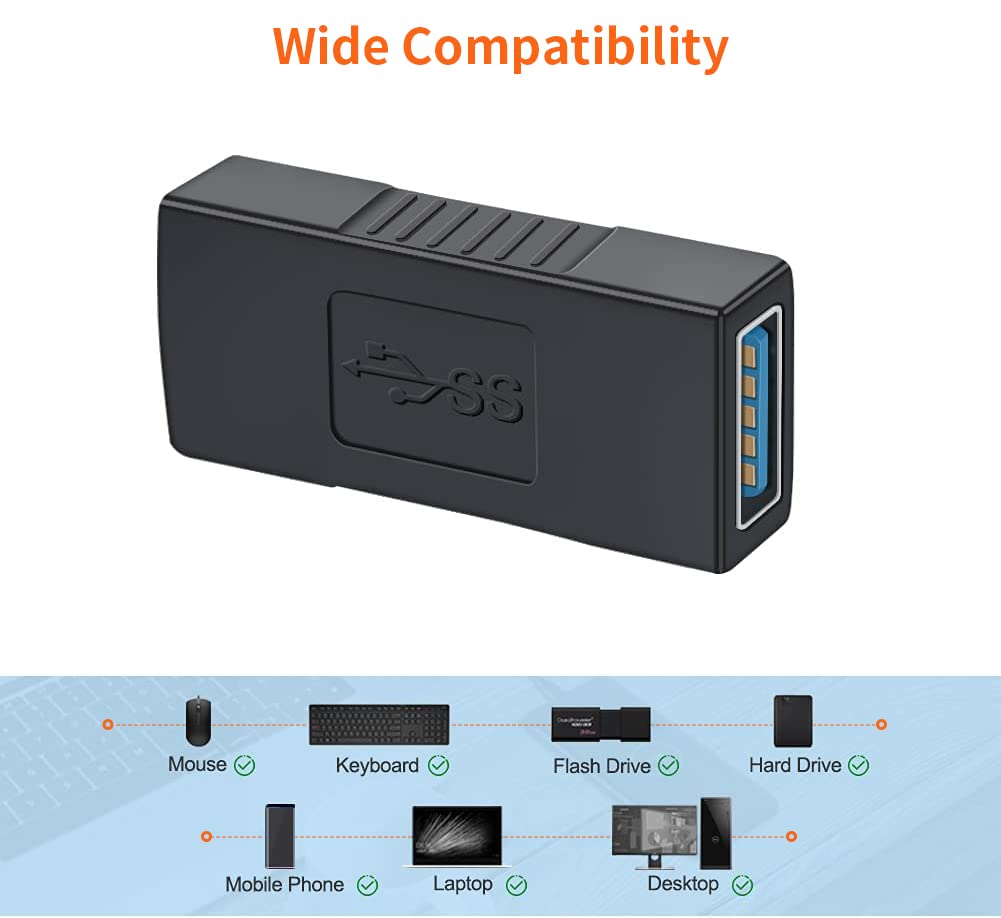 USB extension coupler 2 pack black with USB 3.0 ports for connecting mouse keyboard flash drive and more