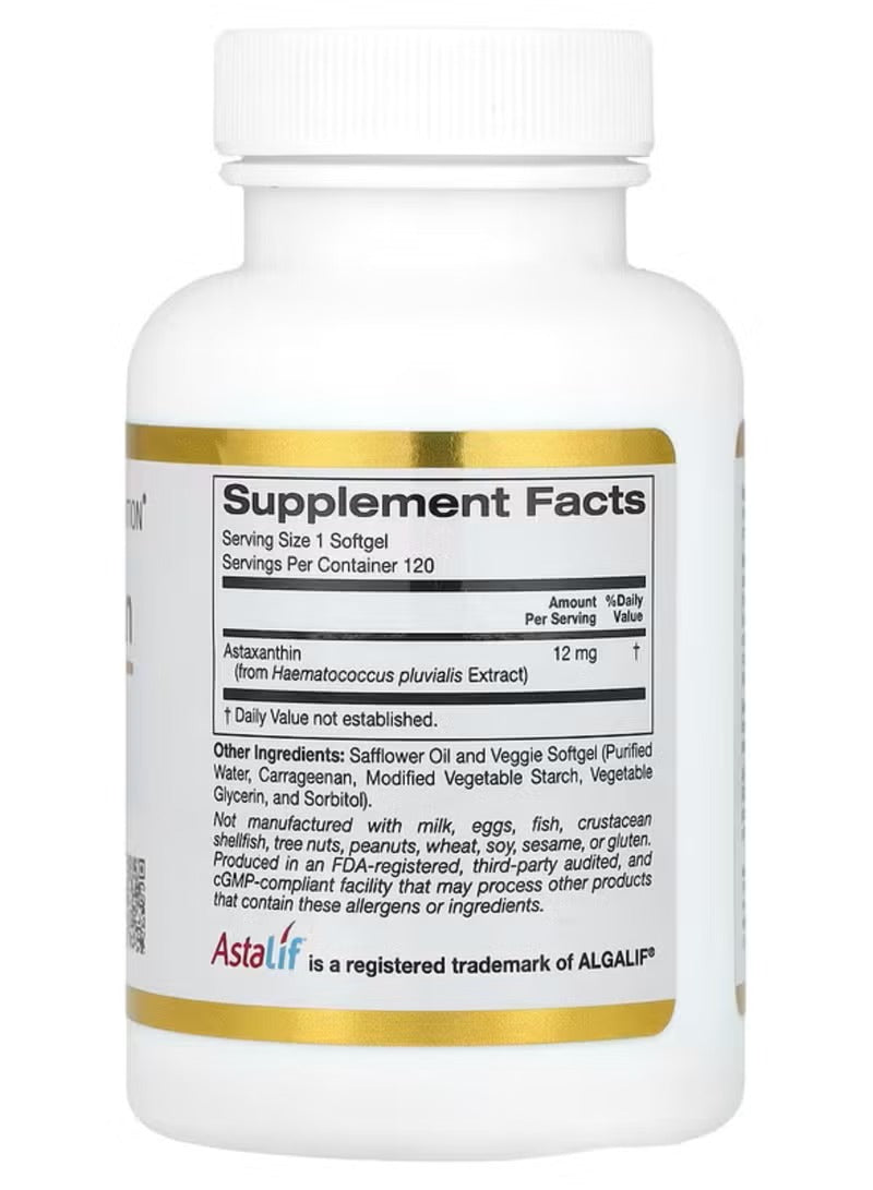 California Gold Nutrition Astaxanthin 12 mg supplement bottle with 120 softgels for antioxidant support