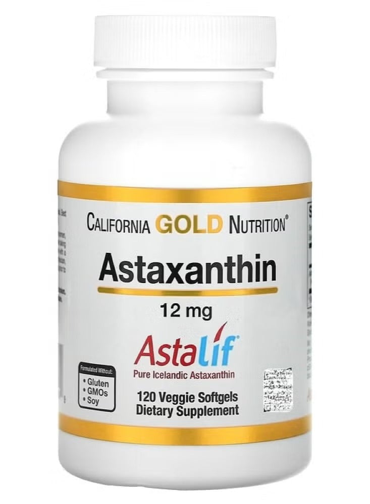 California Gold Nutrition Astaxanthin 12 mg supplement in a bottle of 120 veggie softgels