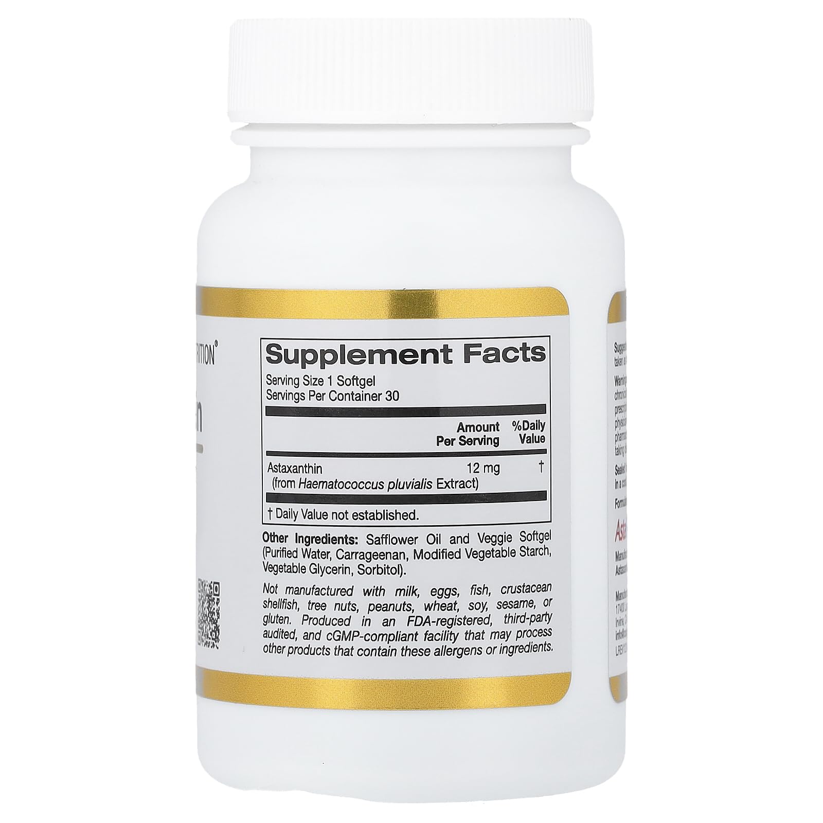 California Gold Nutrition Astaxanthin Supplement 12mg in a white bottle with supplement facts label