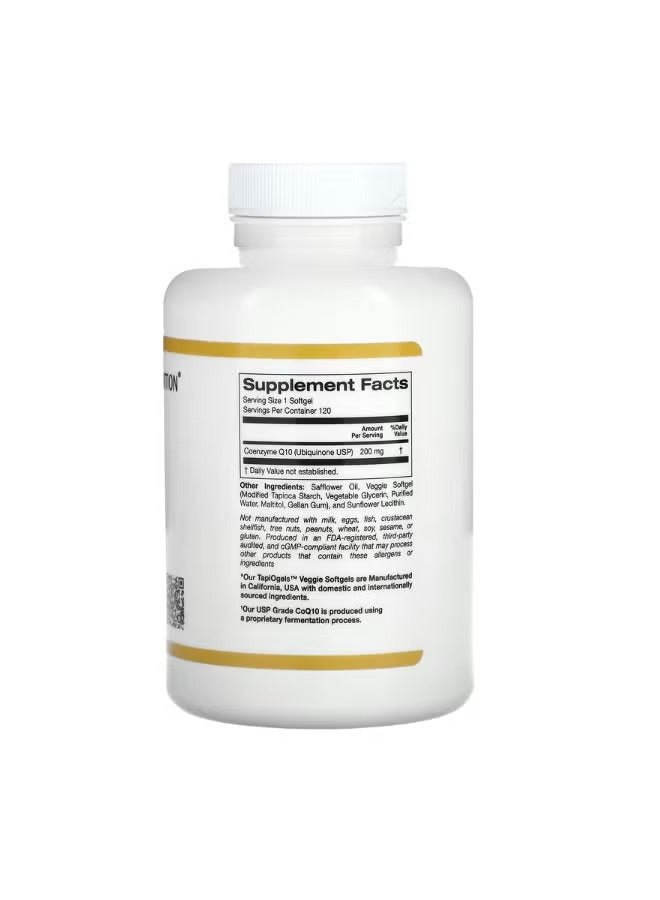 California Gold Nutrition CoQ10 200 mg supplement UAE in white bottle with supplement facts label