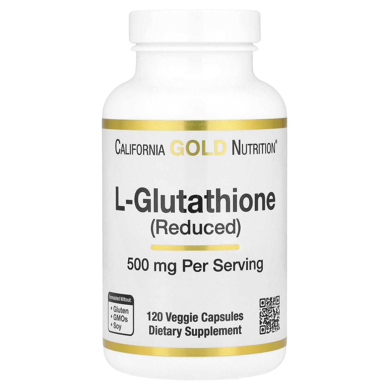 California Gold Nutrition L-Glutathione 500mg capsules in a bottle with 120 veggie capsules for dietary support