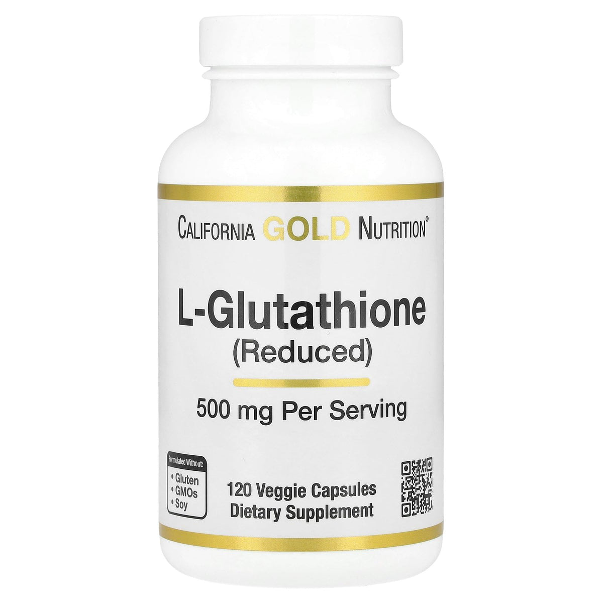 California Gold Nutrition L-Glutathione 500mg capsules in a bottle with 120 veggie capsules for dietary support