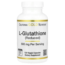 L-Glutathione supplement bottle with white label, gold accents, and 500 mg per serving