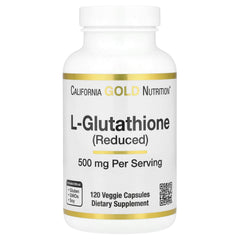 California Gold Nutrition L-Glutathione 500mg capsules in a bottle with 120 veggie capsules for dietary support