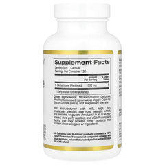 California Gold Nutrition L-Glutathione 500mg capsules in a white bottle with supplement facts label
